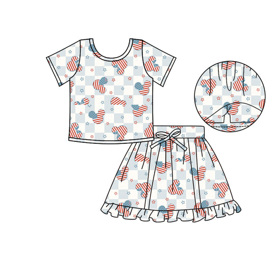 (Custom Design Preorder MOQ 5) Cartoon Mouse Plaid Top Skirts Shorts Girls 4th of July Clothes Set