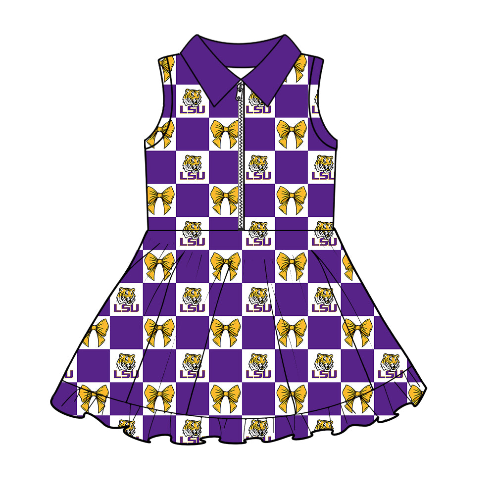 (Custom Design Preorder MOQ 5 Each Color) Team's LSU Tigers Bows Plaid Print Girls Summer Clothes Sisters Matching Wear