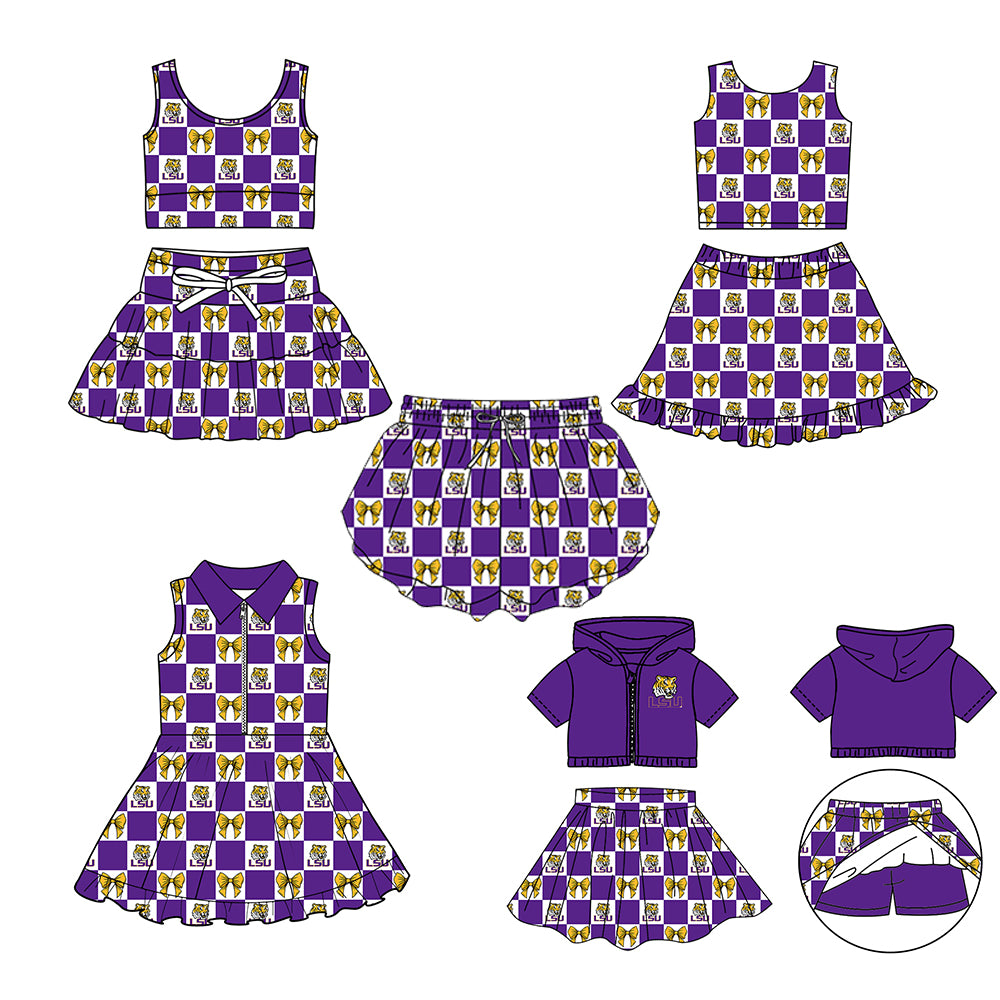 (Custom Design Preorder MOQ 5 Each Color) Team's LSU Tigers Bows Plaid Print Girls Summer Clothes Sisters Matching Wear