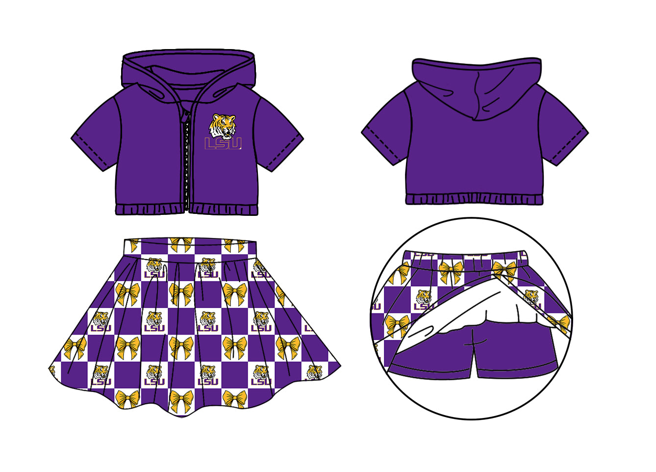 (Custom Design Preorder MOQ 5 Each Color) Team's LSU Tigers Bows Plaid Print Girls Summer Clothes Sisters Matching Wear