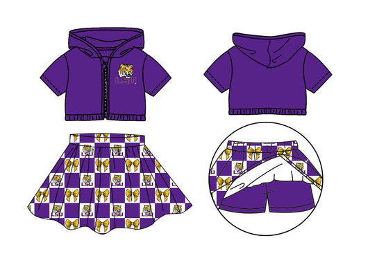 (Custom Design Preorder MOQ 5 Each Color) Team's LSU Tigers Bows Plaid Print Girls Summer Clothes Sisters Matching Wear
