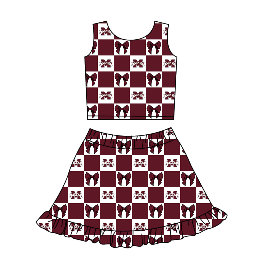 (Custom Design Preorder MOQ 5 Each Color) Team's Mississippi State Bows Plaid Print Girls Summer Clothes Sisters Matching Wear