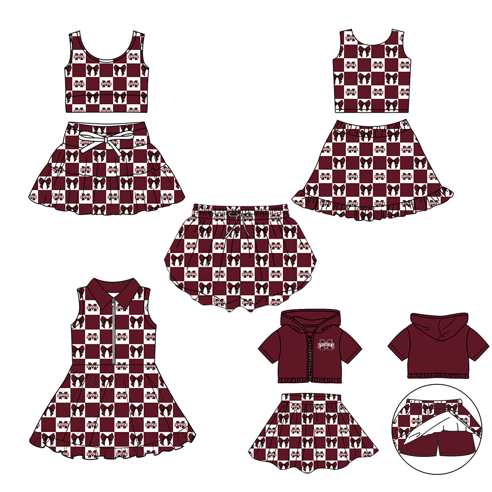 (Custom Design Preorder MOQ 5 Each Color) Team's Mississippi State Bows Plaid Print Girls Summer Clothes Sisters Matching Wear