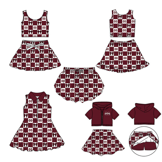 (Custom Design Preorder MOQ 5 Each Color) Team's Mississippi State Bows Plaid Print Girls Summer Clothes Sisters Matching Wear