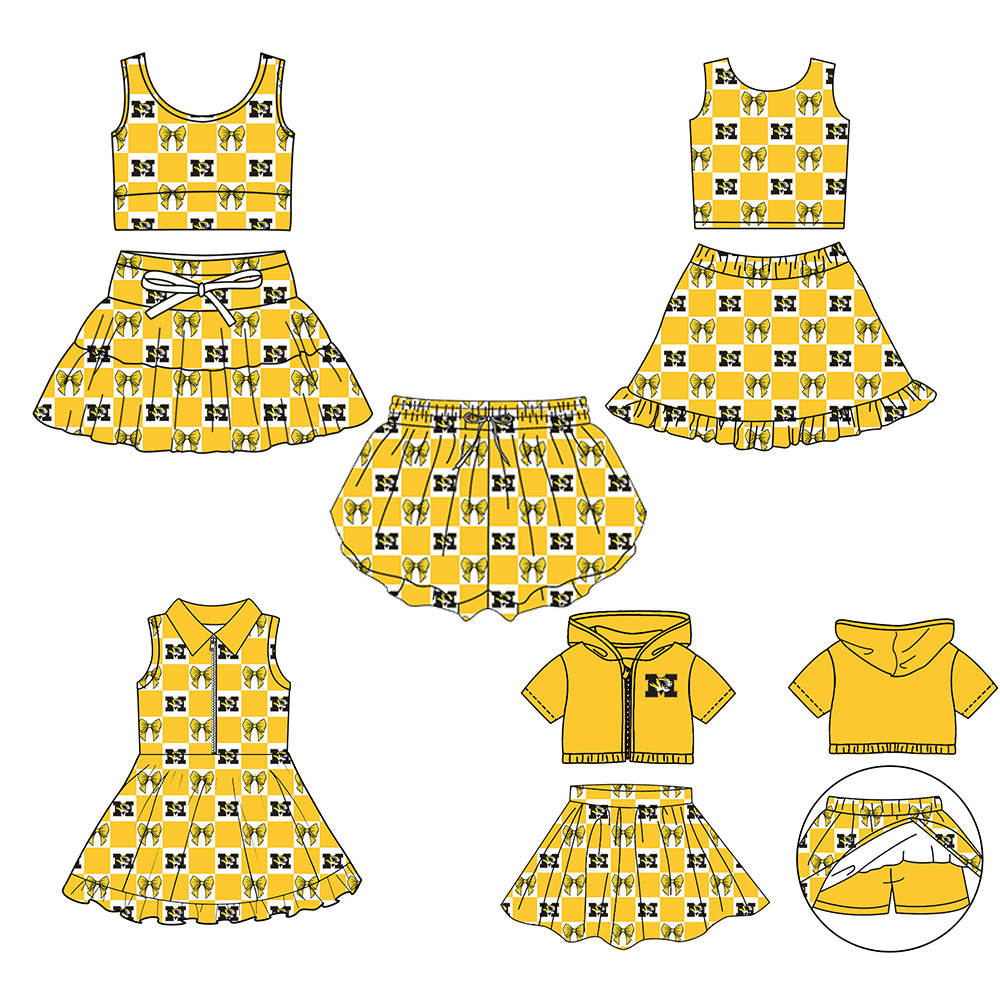 (Custom Design Preorder MOQ 5 Each Color) Team's Missouri Tigers Bows Plaid Print Girls Summer Clothes Sisters Matching Wear