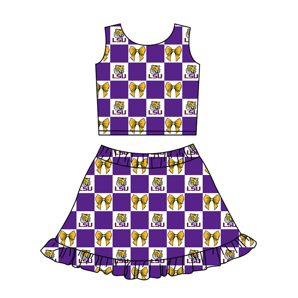 (Custom Design Preorder MOQ 5 Each Color) Team's LSU Tigers Bows Plaid Print Girls Summer Clothes Sisters Matching Wear