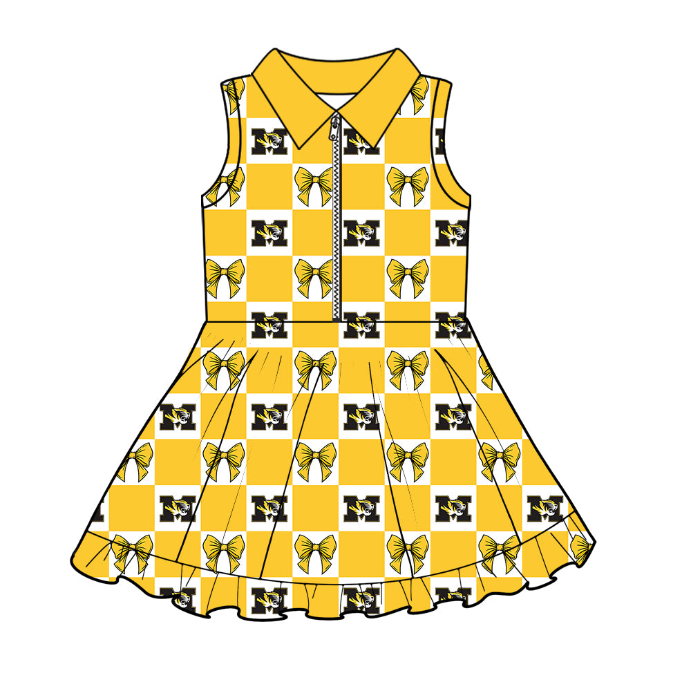 (Custom Design Preorder MOQ 5 Each Color) Team's Missouri Tigers Bows Plaid Print Girls Summer Clothes Sisters Matching Wear