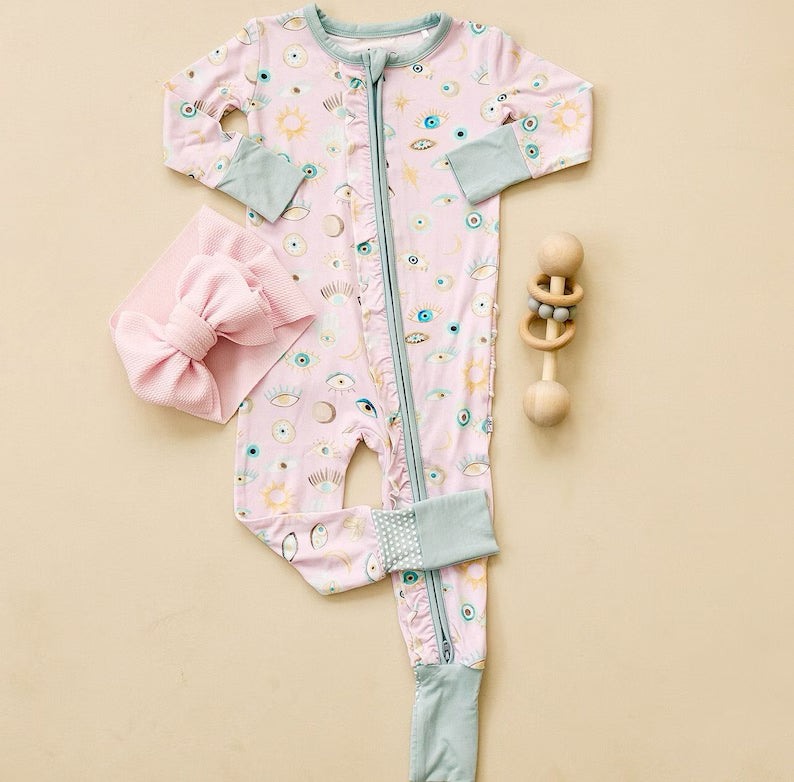 (Custom Design Preorder MOQ 5) Eyes Print Baby Girls Fall Sleeper Zipper Romper