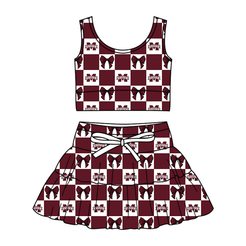 (Custom Design Preorder MOQ 5 Each Color) Team's Mississippi State Bows Plaid Print Girls Summer Clothes Sisters Matching Wear