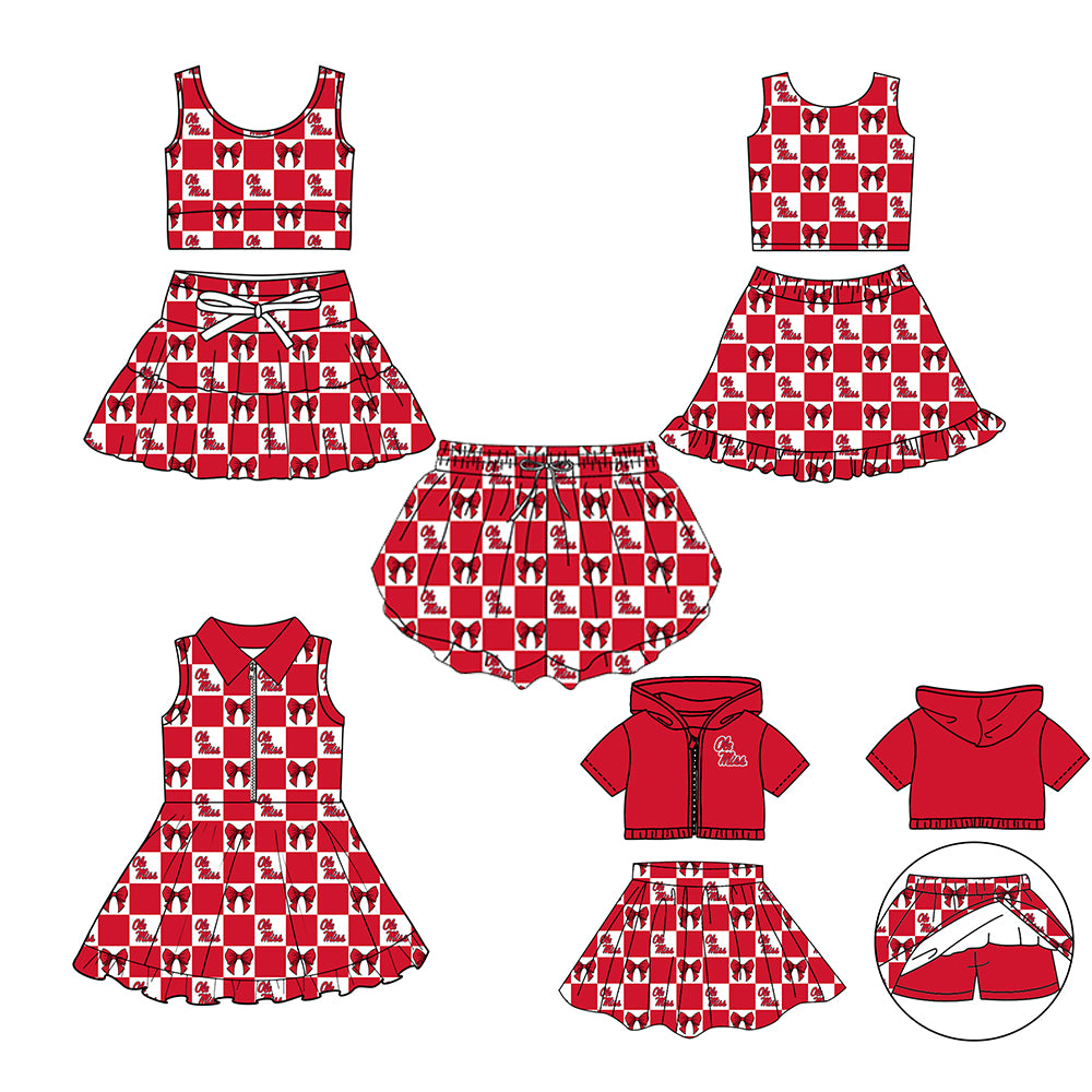 (Custom Design Preorder MOQ 5 Each Color) Team's Ole Miss Bows Plaid Print Girls Summer Clothes Sisters Matching Wear
