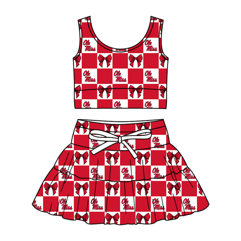 (Custom Design Preorder MOQ 5 Each Color) Team's Ole Miss Bows Plaid Print Girls Summer Clothes Sisters Matching Wear
