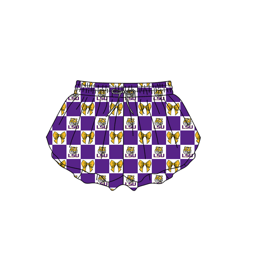 (Custom Design Preorder MOQ 5 Each Color) Team's LSU Tigers Bows Plaid Print Girls Summer Clothes Sisters Matching Wear