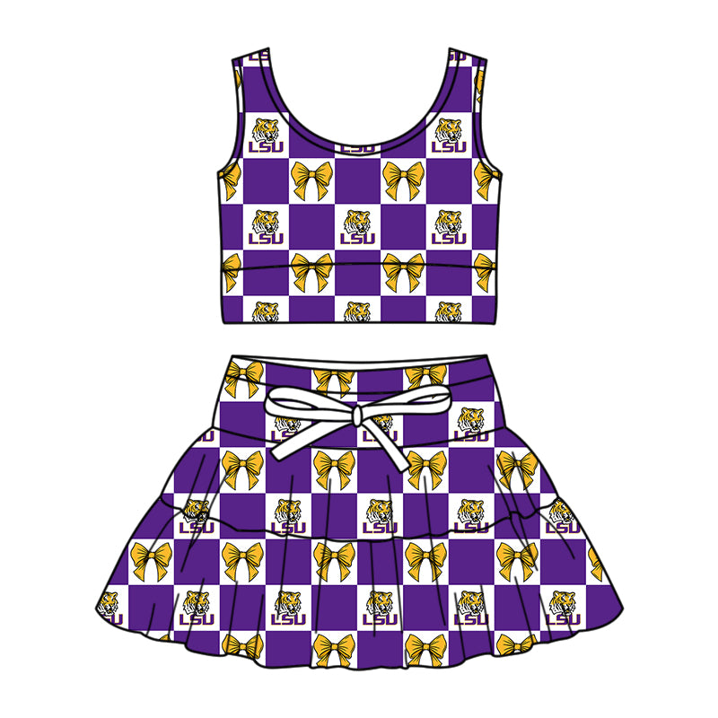 (Custom Design Preorder MOQ 5 Each Color) Team's LSU Tigers Bows Plaid Print Girls Summer Clothes Sisters Matching Wear