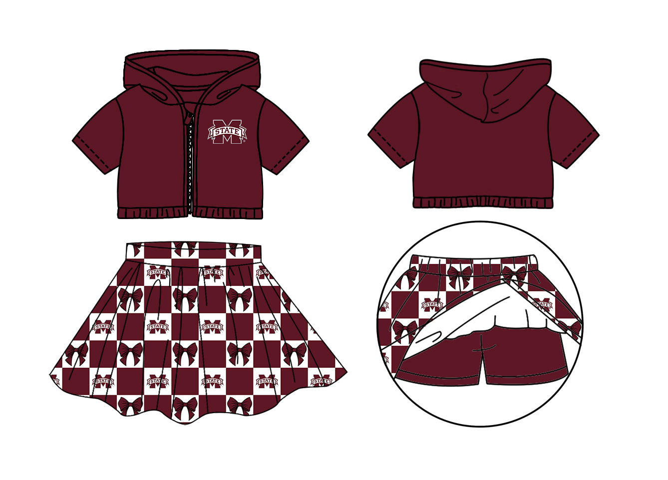 (Custom Design Preorder MOQ 5 Each Color) Team's Mississippi State Bows Plaid Print Girls Summer Clothes Sisters Matching Wear