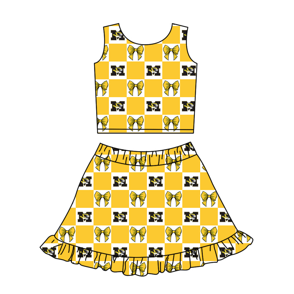 (Custom Design Preorder MOQ 5 Each Color) Team's Missouri Tigers Bows Plaid Print Girls Summer Clothes Sisters Matching Wear