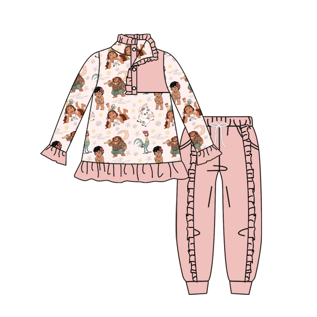 11.16(Custom Design Preorder MOQ 5) Cartoon Princess M*ana Pullover Top Pink Pants Girls Fall Clothes Set