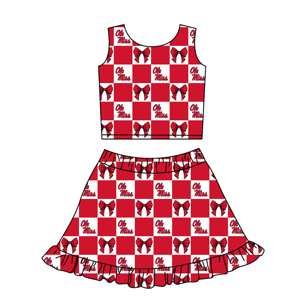 (Custom Design Preorder MOQ 5 Each Color) Team's Ole Miss Bows Plaid Print Girls Summer Clothes Sisters Matching Wear