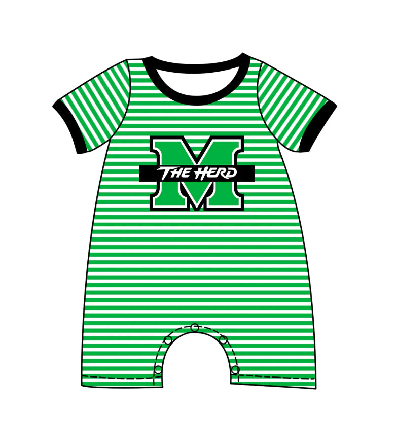 (Custom Design Preorder MOQ 5) Team's Marshall Thundering Herd Stripes Print Baby Boys Summer Romper
