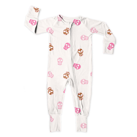 (Custom Design Preorder MOQ 5)  Pink Skull Print Baby Girls Halloween Sleeper Zipper Romper