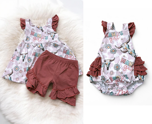 (Custom Design Preorder MOQ 5 Each Design) MAMA'S GIRL Flowers Cow Skull Print Girls Summer Matching Clothes Sisters Wear