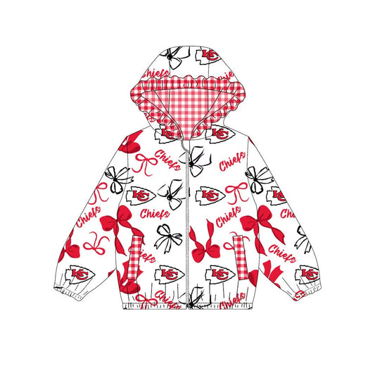 (Custom Design Preorder MOQ 5) Team's Chiefs Bows Print Pockets Girls Long Sleeve Zipper Jackets Top