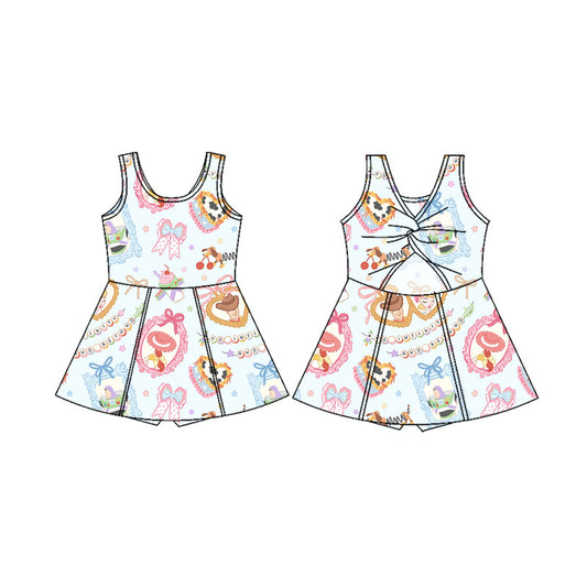 (Custom Design Preorder MOQ 5) Cartoon Toys Bows Print Shorts Skirts Girls Summer Yoga Dress