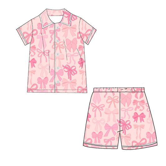 (Custom Design Preorder MOQ 5) Pink Bows Print Shorts Girls Summer Buttons Pajamas Clothes Sets
