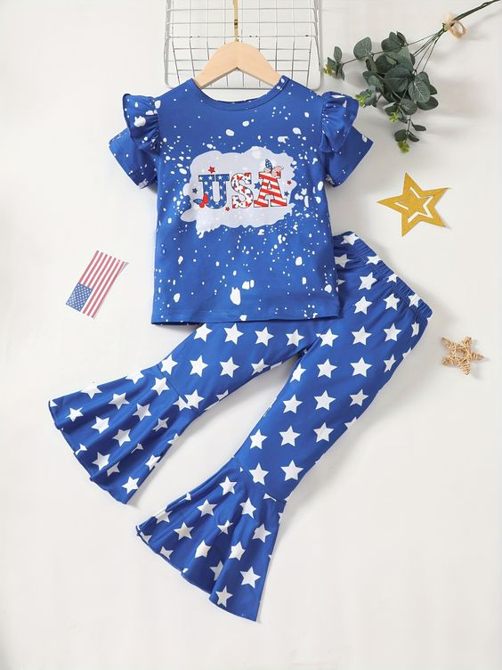 (Custom Design Preorder MOQ 5)  USA Top Stars Bell Pants Girls 4th of July Clothes Set