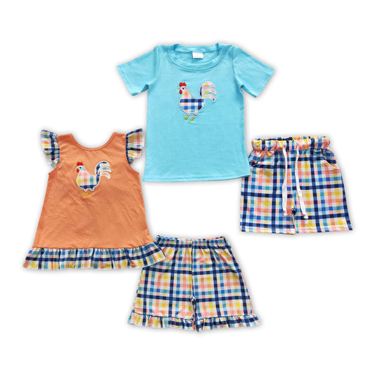 Chicken Embroidery Top Colorful Plaid Shorts Sibling Summer Matching Clothes Set