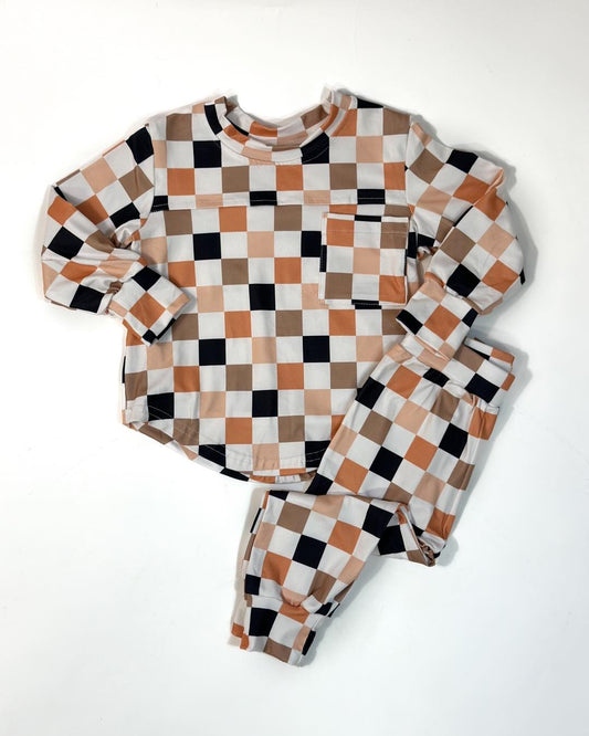 (Custom Design Preorder MOQ 5) Brown Plaid Print Kids Fall Clothes Set