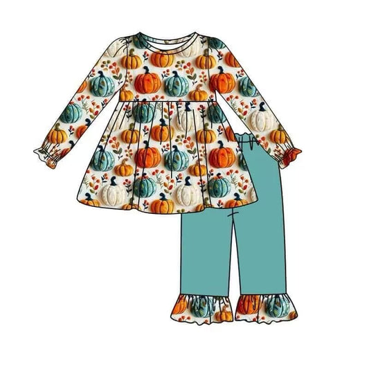 (Custom Design Preorder MOQ 5) Pumpkin Flowers Tunic Top Green Pants Girls Fall Clothes Set