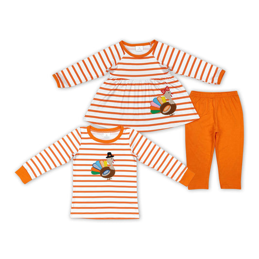 Turkey Embroidery Orange Stripes Print Sibling Thanksgiving Matching Clothes