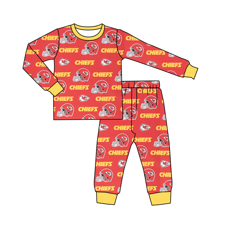 (Custom Design Preorder MOQ 5) Team's KC Yellow Red Print Kids Fall Pajamas Clothes Set