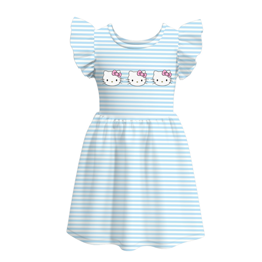 (Custom Design Preorder MOQ 5) Cute Cats Blue Stripes Print Girls Knee Length Summer Dress