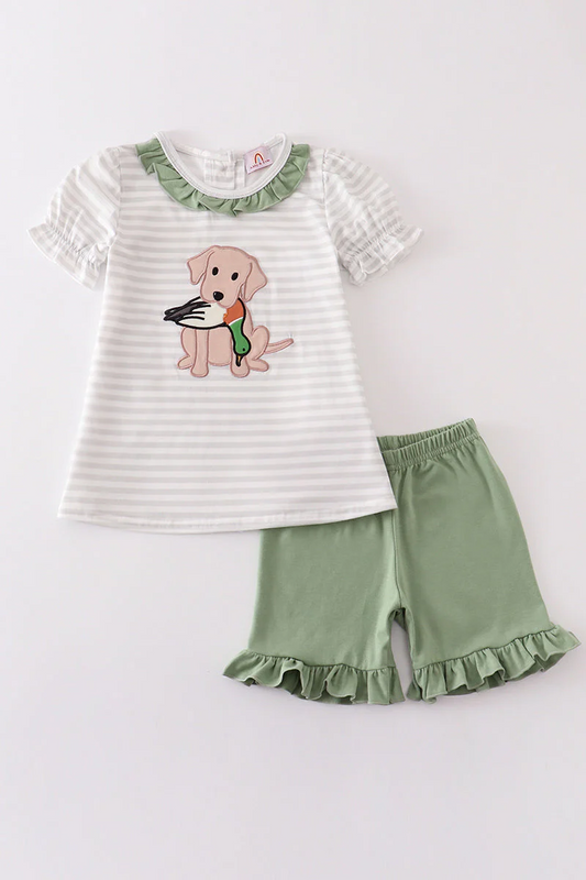 (Custom Design Preorder MOQ 5) Dog Duck Top Green Shorts Girls Summer Clothes Set