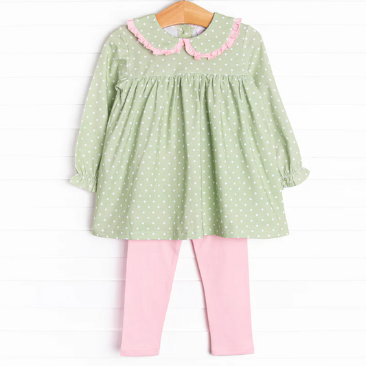 (Custom Design Preorder MOQ 5) Green Dots Tunic Top Pink Pants Girls Spring Clothes Set