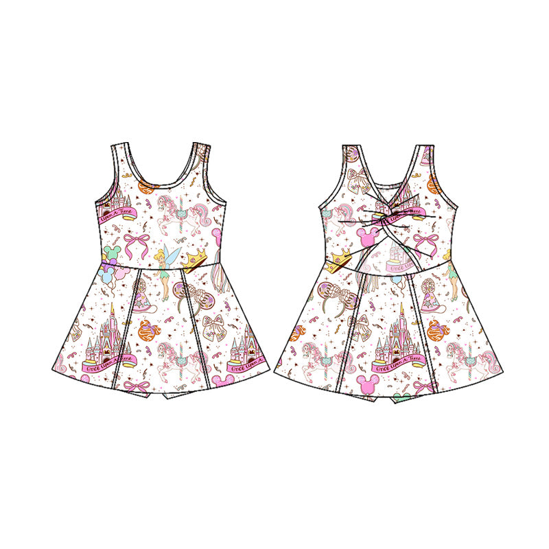 (Custom Design Preorder MOQ 5 Each Item) 1-4 Styles Cartoon Princess Print Backless Shorts Skirts Girls Summer Yoga Dress