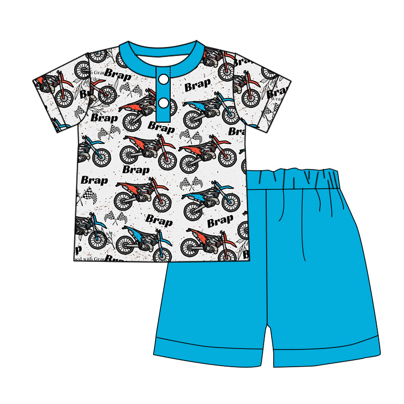 3.13(Custom Design Preorder MOQ 5) Motorbike Polo Top Blue Shorts Girls Summer Clothes Set