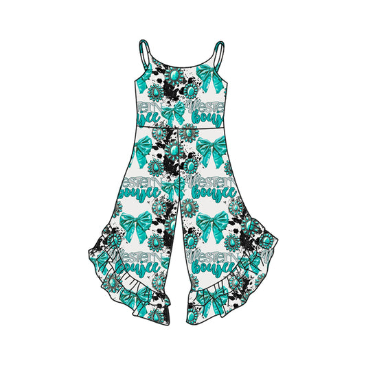 2.26(Custom Design Preorder MOQ 5) Turquoise Bows Western Print Girls Summer Jumpsuits