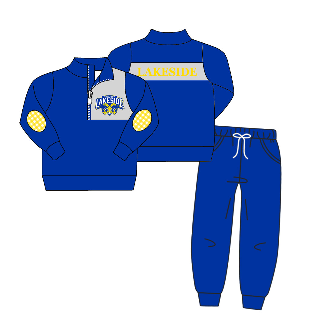 (Custom Design Preorder MOQ 5) Team's LAKESIDE Top Blue Pants Boys Fall Clothes Set