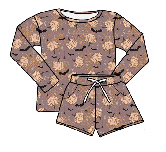 (Custom Design Preorder MOQ 5)  Pumpkin Bat Long Sleeve Top Shorts Kids Halloween Clothes Set