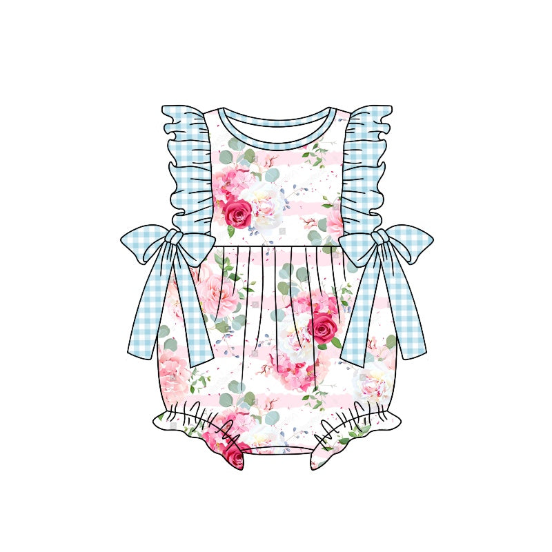 (Custom Design Preorder MOQ 5) Blue Flowers Print Baby Girls Summer Romper
