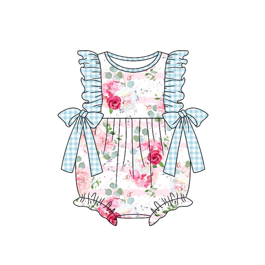 (Custom Design Preorder MOQ 5) Blue Flowers Print Baby Girls Summer Romper