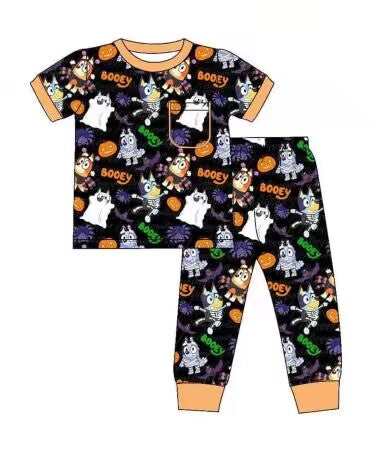 (Custom Design Preorder MOQ 5) Cartoon Dog Pumpkin Black Print Kids Halloween Pajamas Clothes Set