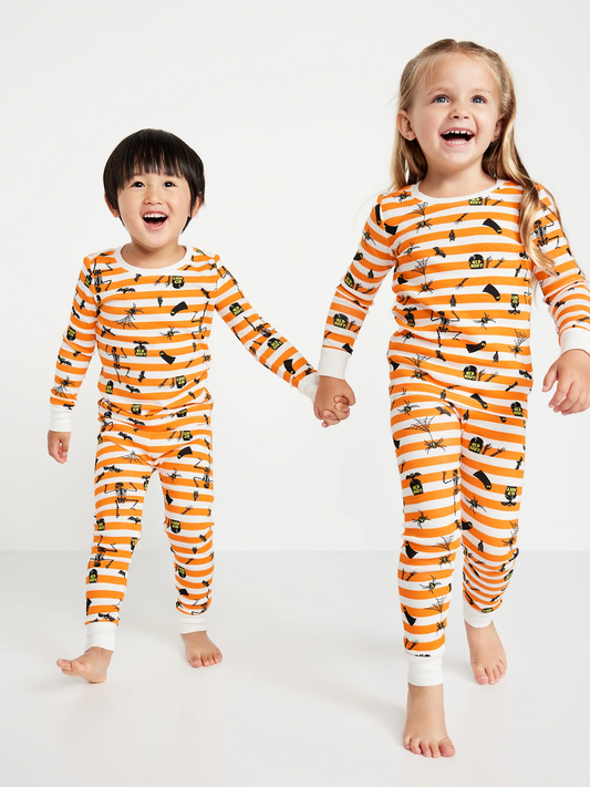 (Custom Design Preorder MOQ 5) Skull Web Stripes Print Kids Halloween Pajamas Clothes Set