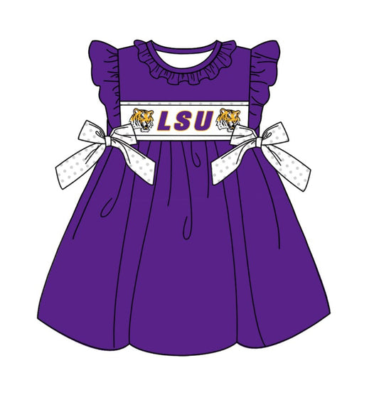 (Custom Design Preorder MOQ 5) Team's LSU Purple Print Girls Knee Length Dress