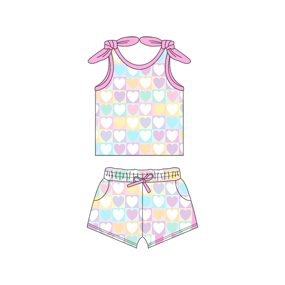 (Custom Design Preorder MOQ 5) Colorful Heart Plaid Print Pockets Shorts Girls Summer Clothes Set