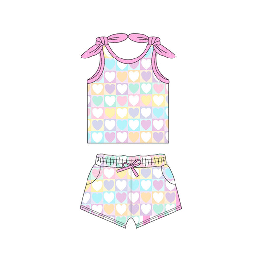 (Custom Design Preorder MOQ 5) Colorful Heart Plaid Print Pockets Shorts Girls Summer Clothes Set