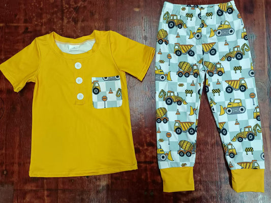 (Custom Design Preorder MOQ 3 ) Yellow Pocket Top Construction Pants Boys Clothes Set