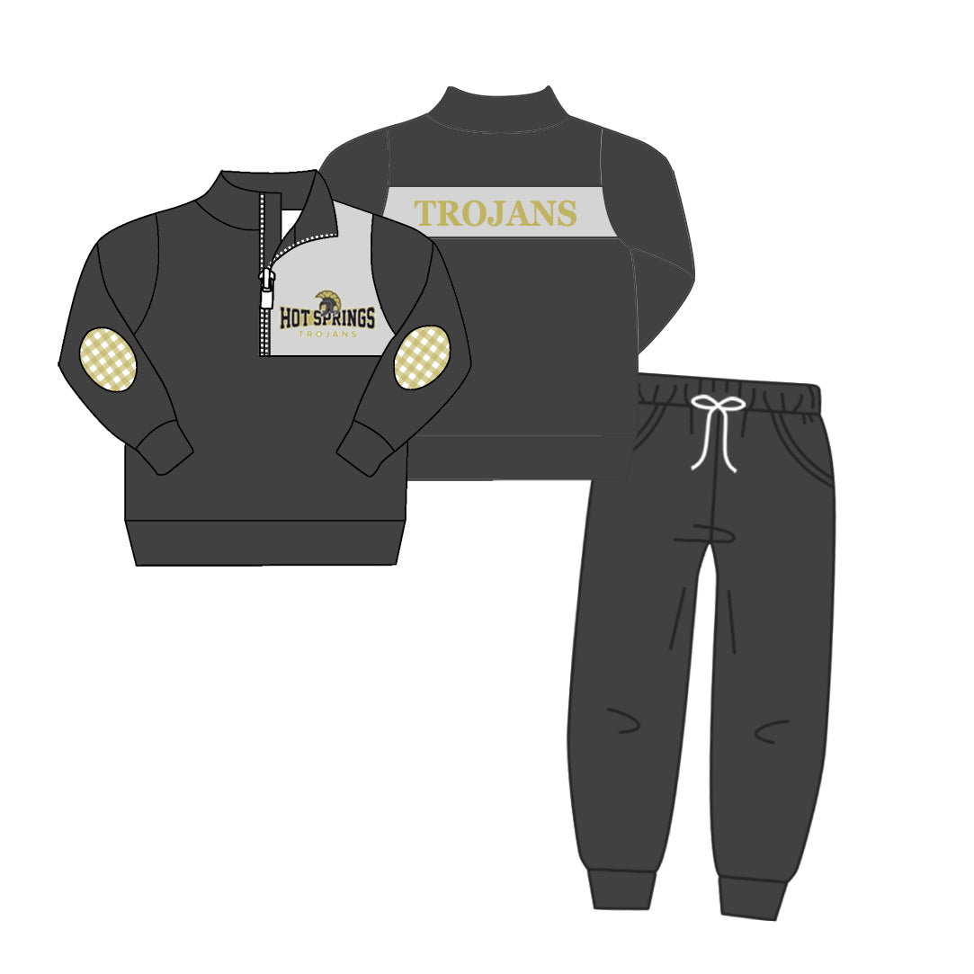 (Custom Design Preorder MOQ 5) Team's TROJANS Top Dark Gray Pants Boys Fall Clothes Set